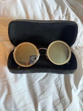 Authentic CHANEL Round Silver Frame Sunglasses with Black Quilted Case